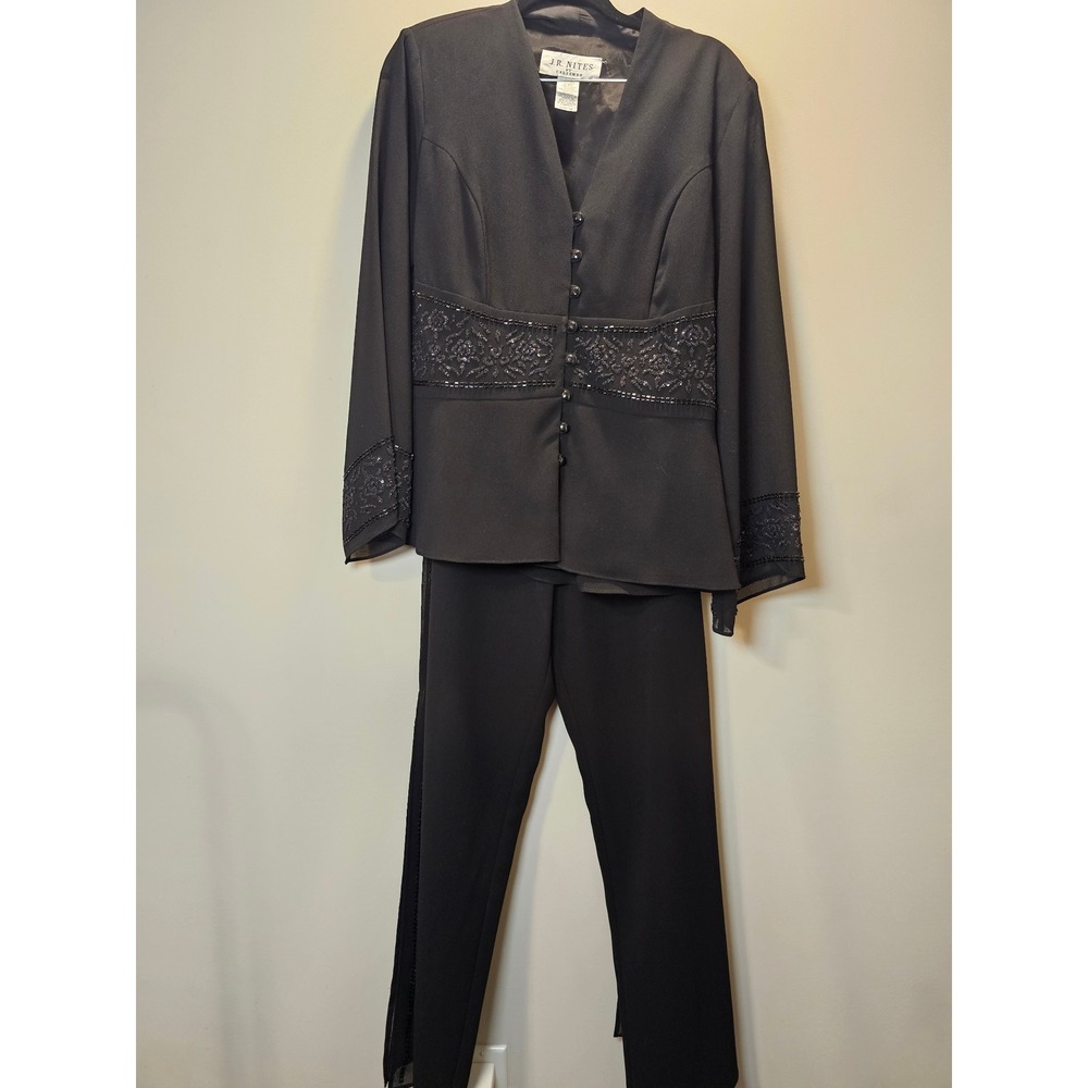 JR Nites by Caliendo Black Beaded Pant Suit Set Size 10 Formal Evening Wear